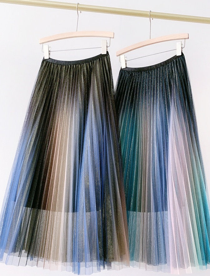 Metalic iridescent Pleating mesh Skirt (Gold/Black Brown)
