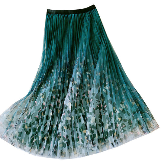 Fairy pleating mesh Skirt with Leopard print hem (Green)