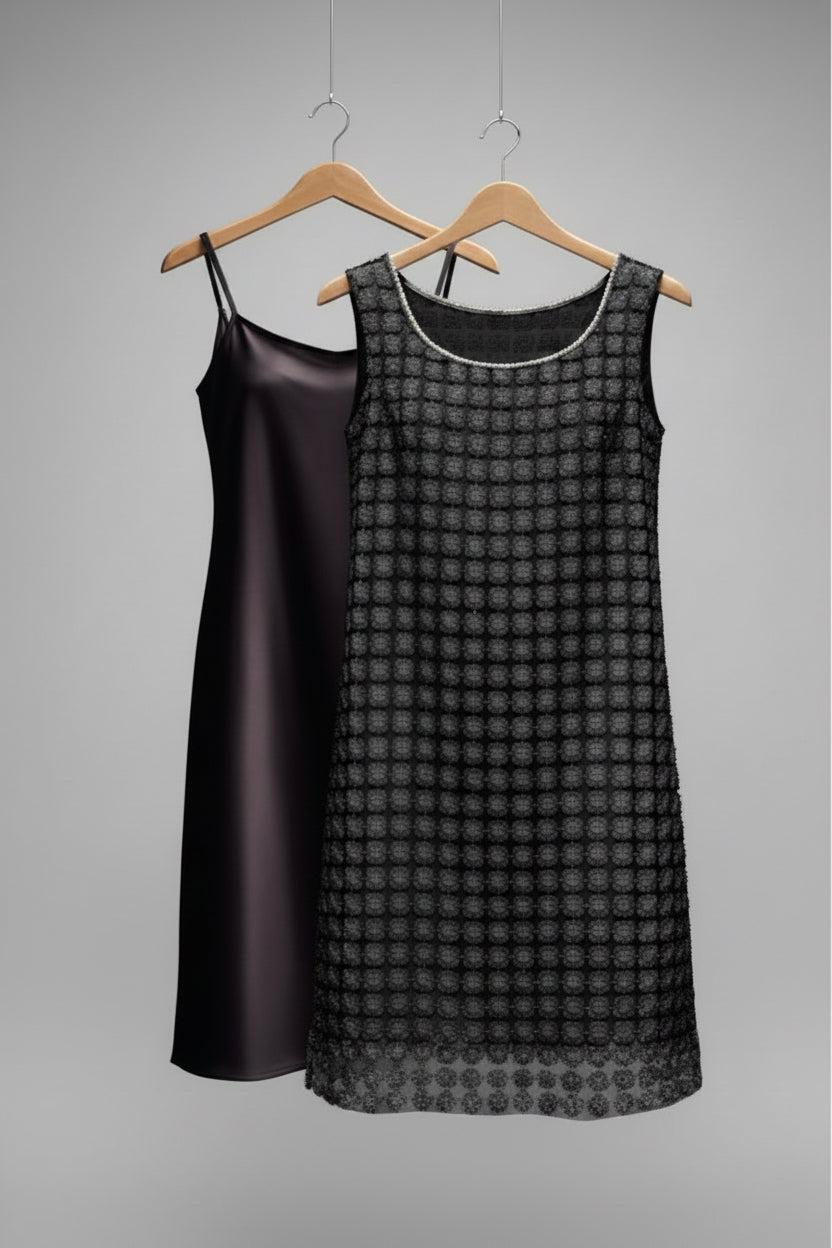 Lace Organza sleeveless Shift Dress with matching cami dress  (Black)