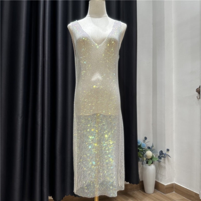 Diamond mesh V neck dress ( 5 color options)