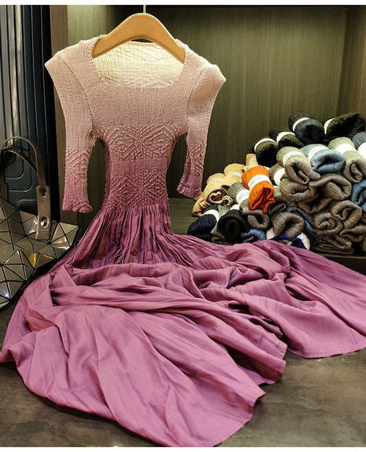 Pleated dress with 3/4 sleeves Ombre effect (Dusty Rose)