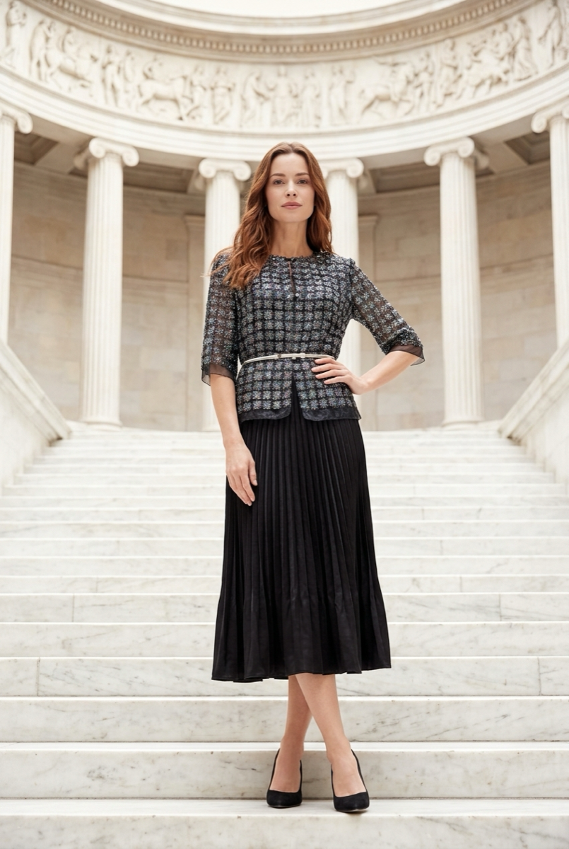 Short Lace Organza shirt with 3/4 sleeves  (Black)