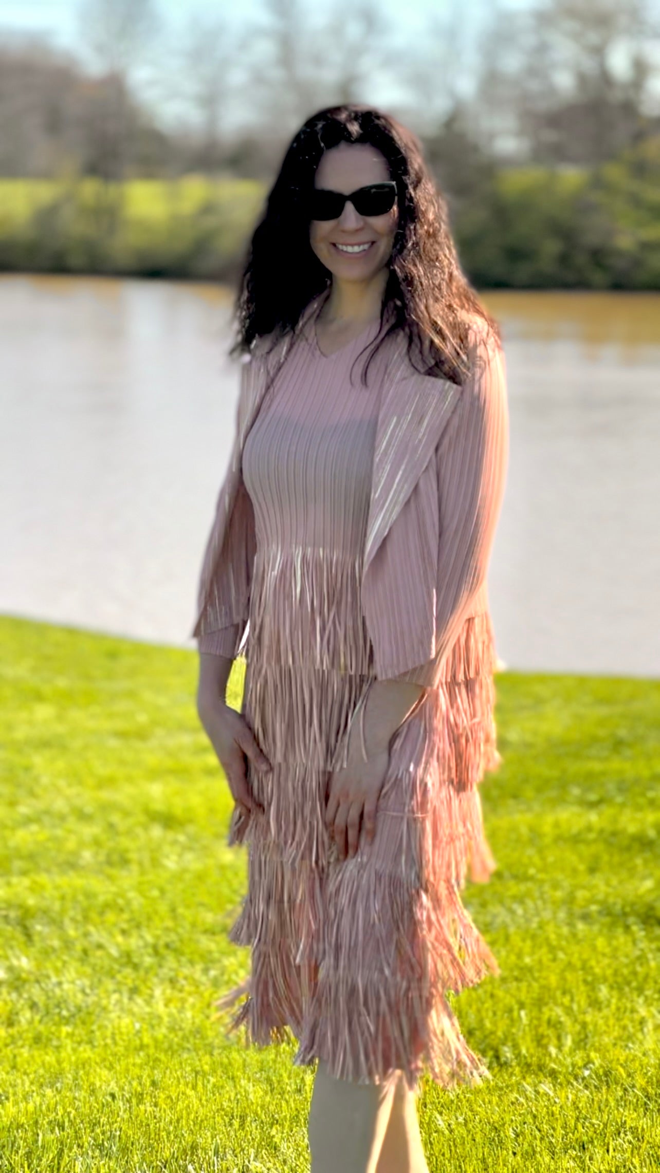 Pleating with fringe Dress set (Pink)