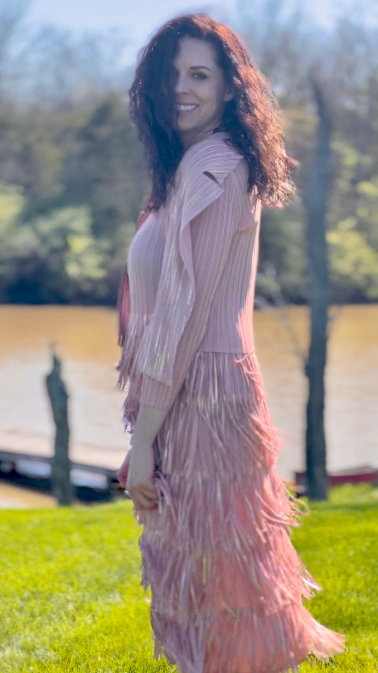 Pleating with fringe Dress set (Pink)