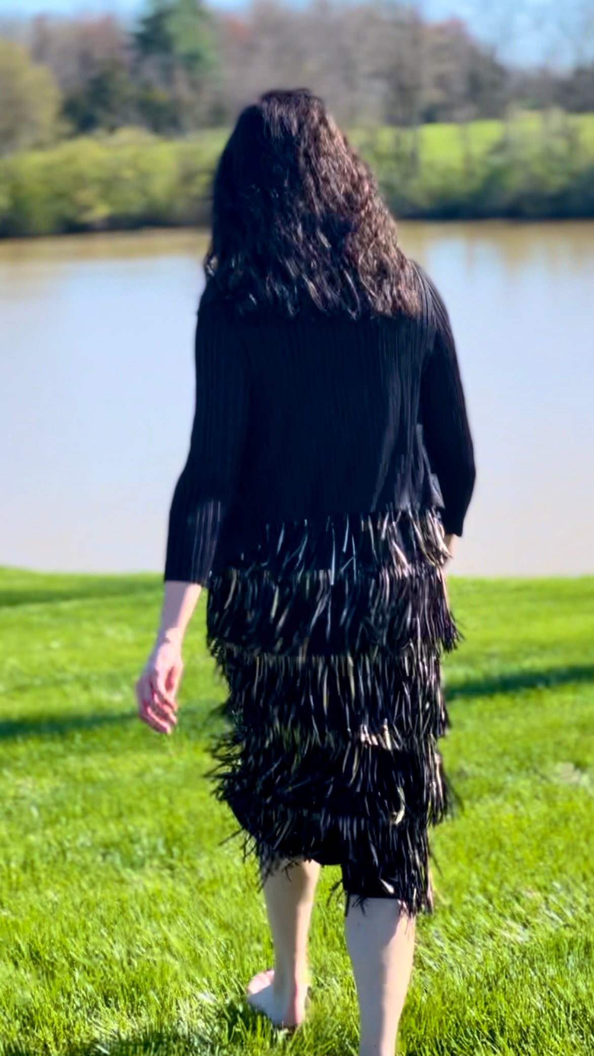 Pleating with fringe Dress set (Black)