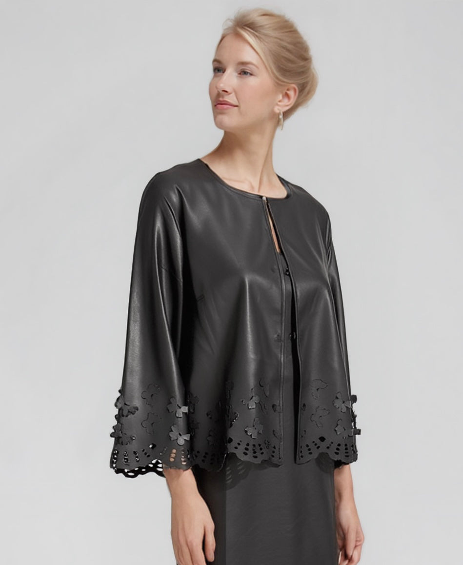 Faux Leather Laser cut butterfly short jacket (Black)