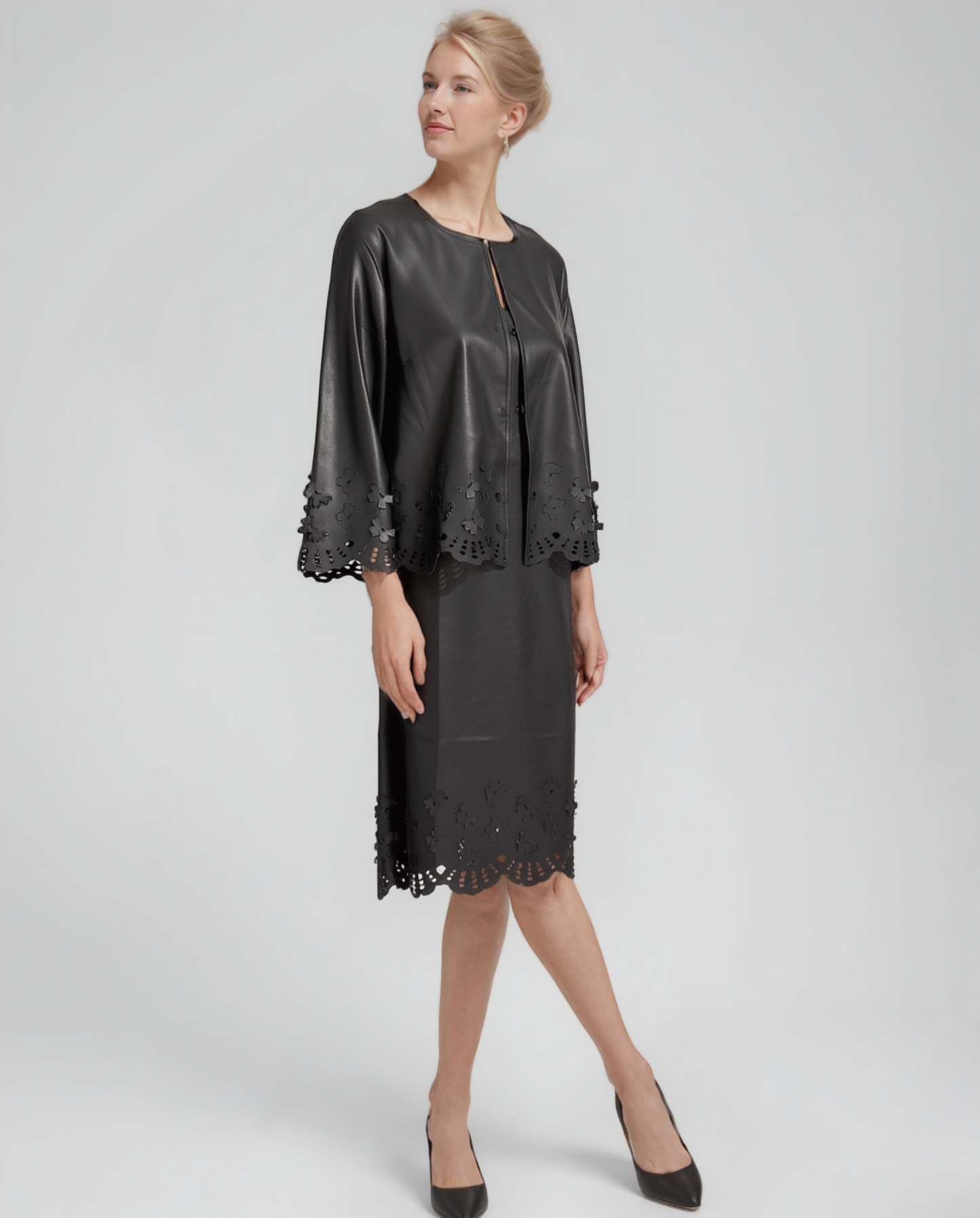 Faux Leather Laser cut butterfly shift dress (Black)