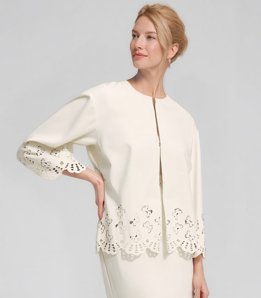 Faux Leather Laser cut butterfly short jacket (Cream)
