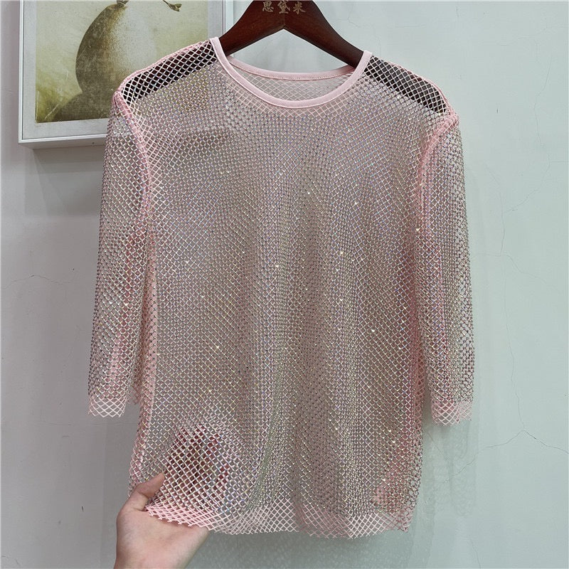 Pink diamond mesh 3/4 sleeve top