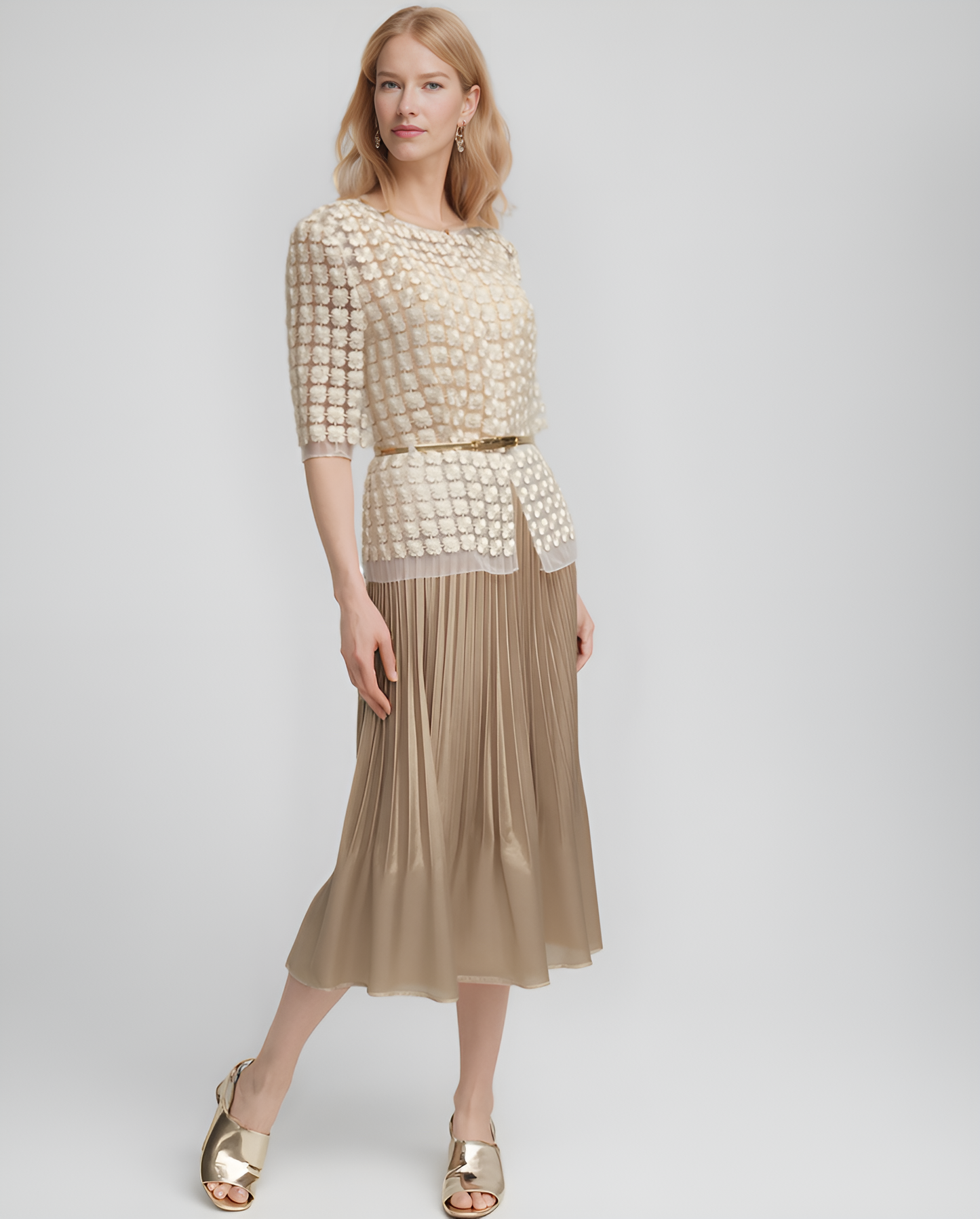 Short Lace Organza shirt with 3/4 sleeves  (Ivory)