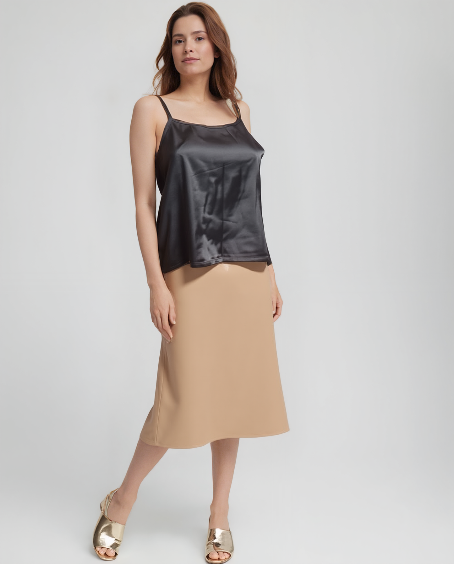 Stretch Satin Cami Top with adjustable spaghetti straps (Black)