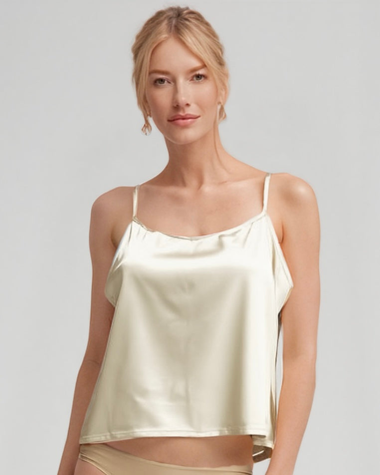 Stretch Satin Cami Top with adjustable spaghetti straps (Ivory)