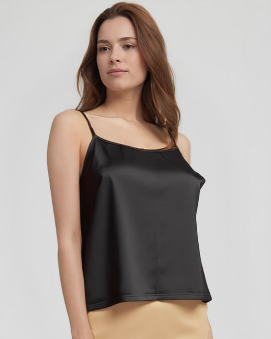 Stretch Satin Cami Top with adjustable spaghetti straps (Black)