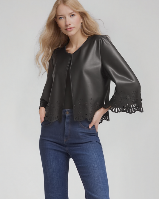 Faux Leather Laser cut butterfly short jacket (Black)