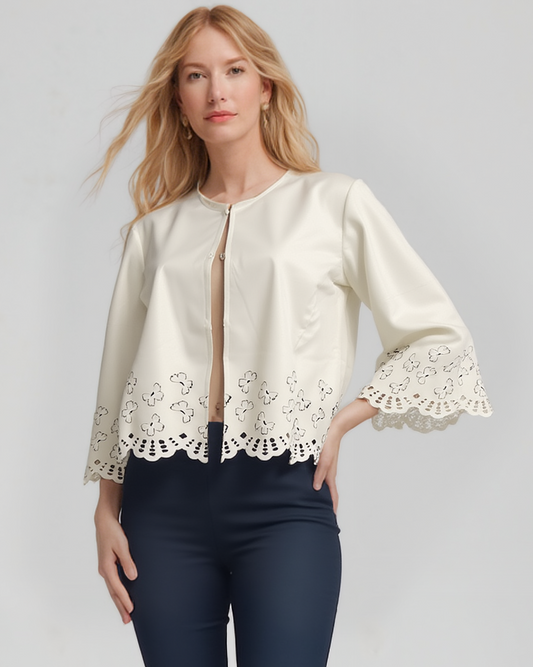 Faux Leather Laser cut butterfly short jacket (Cream)