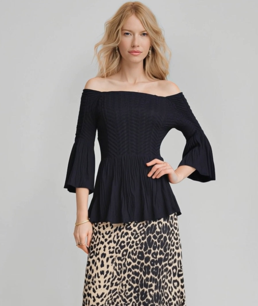 Pleated blouse off shoulder  top with flared sleeves & sweep (Black)