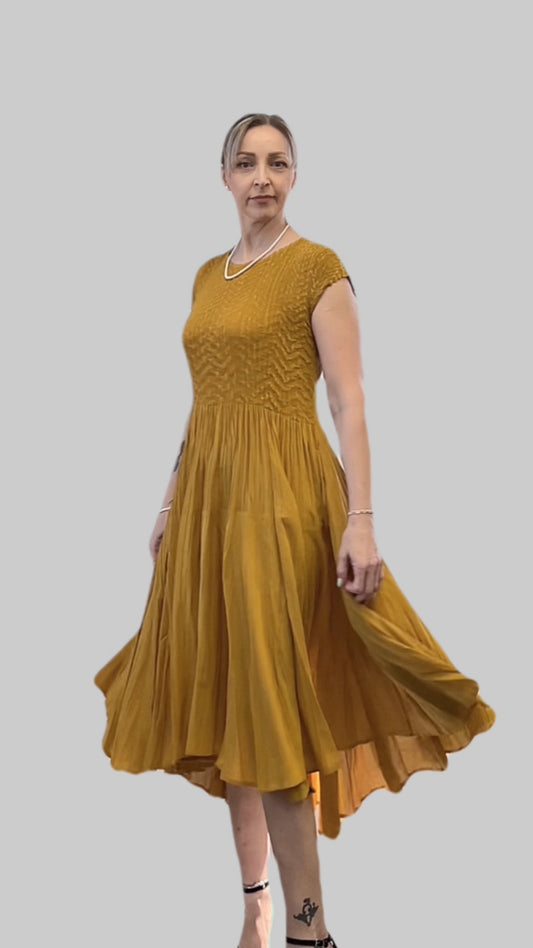 Pleated dress with Cupsleeves  ( Mustard)