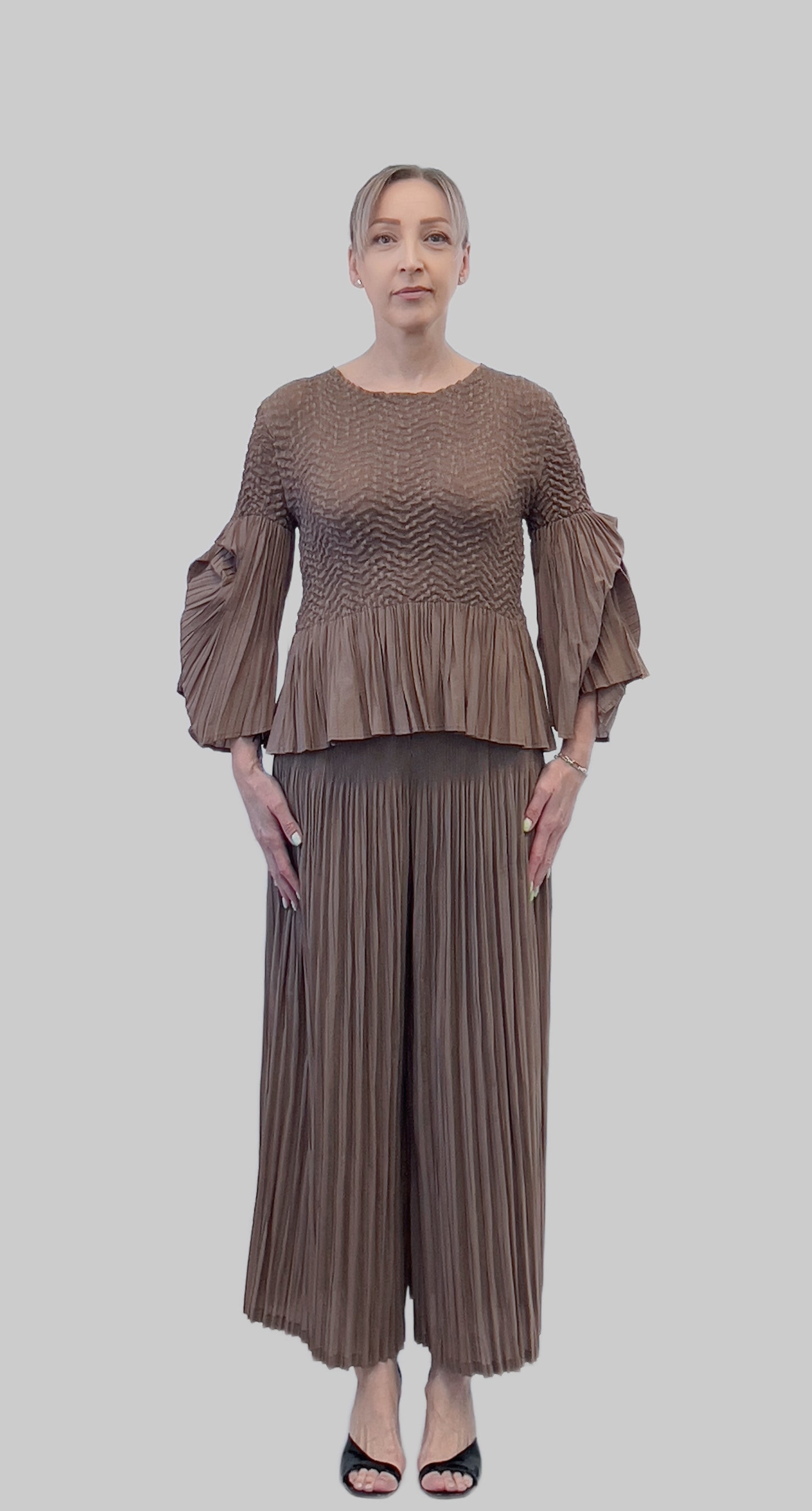 Pleated blouse top with flared sleeves & sweep (Mocha)