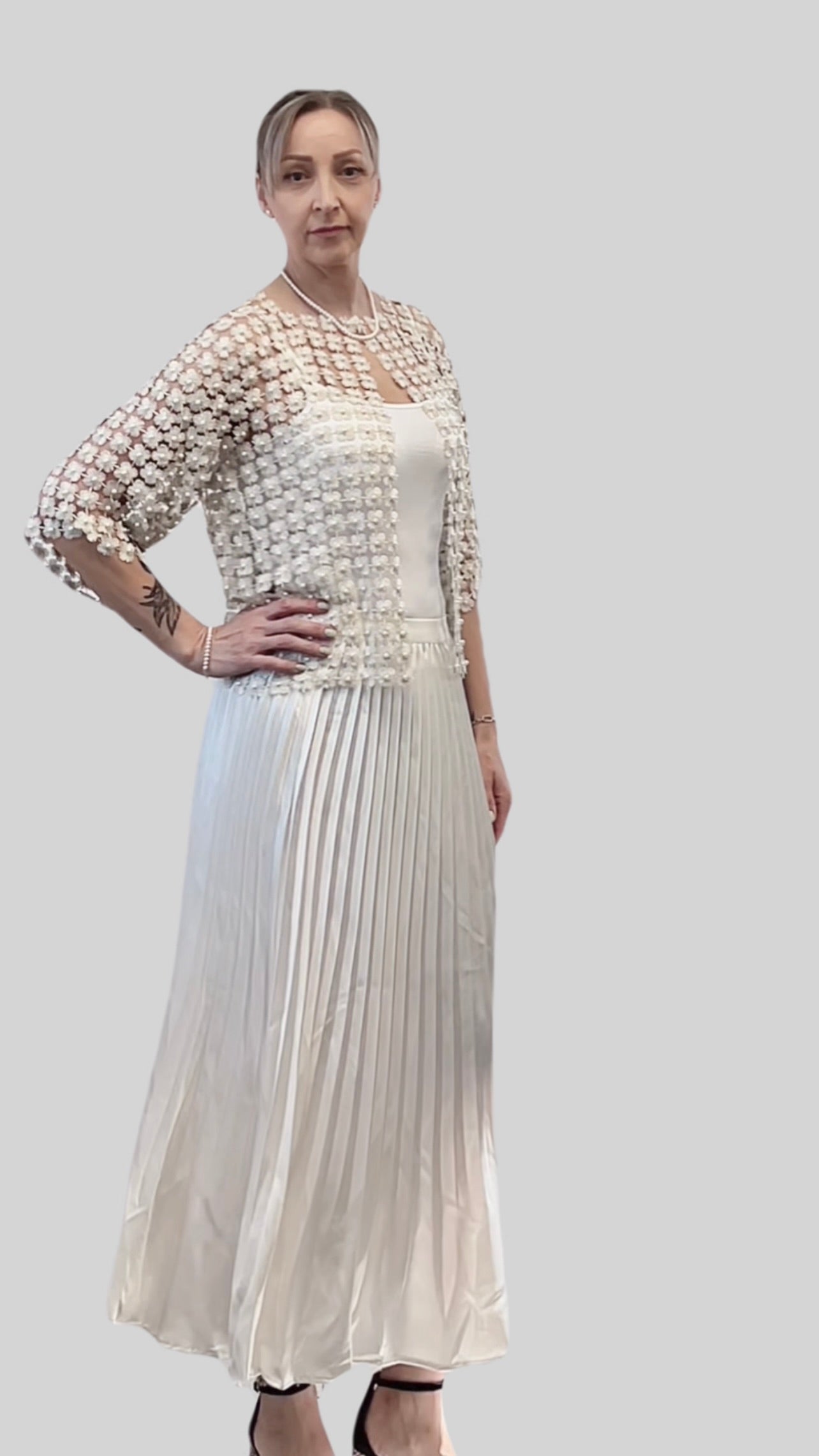 Short Lace coverup with all over Pearls attached  (ivory)
