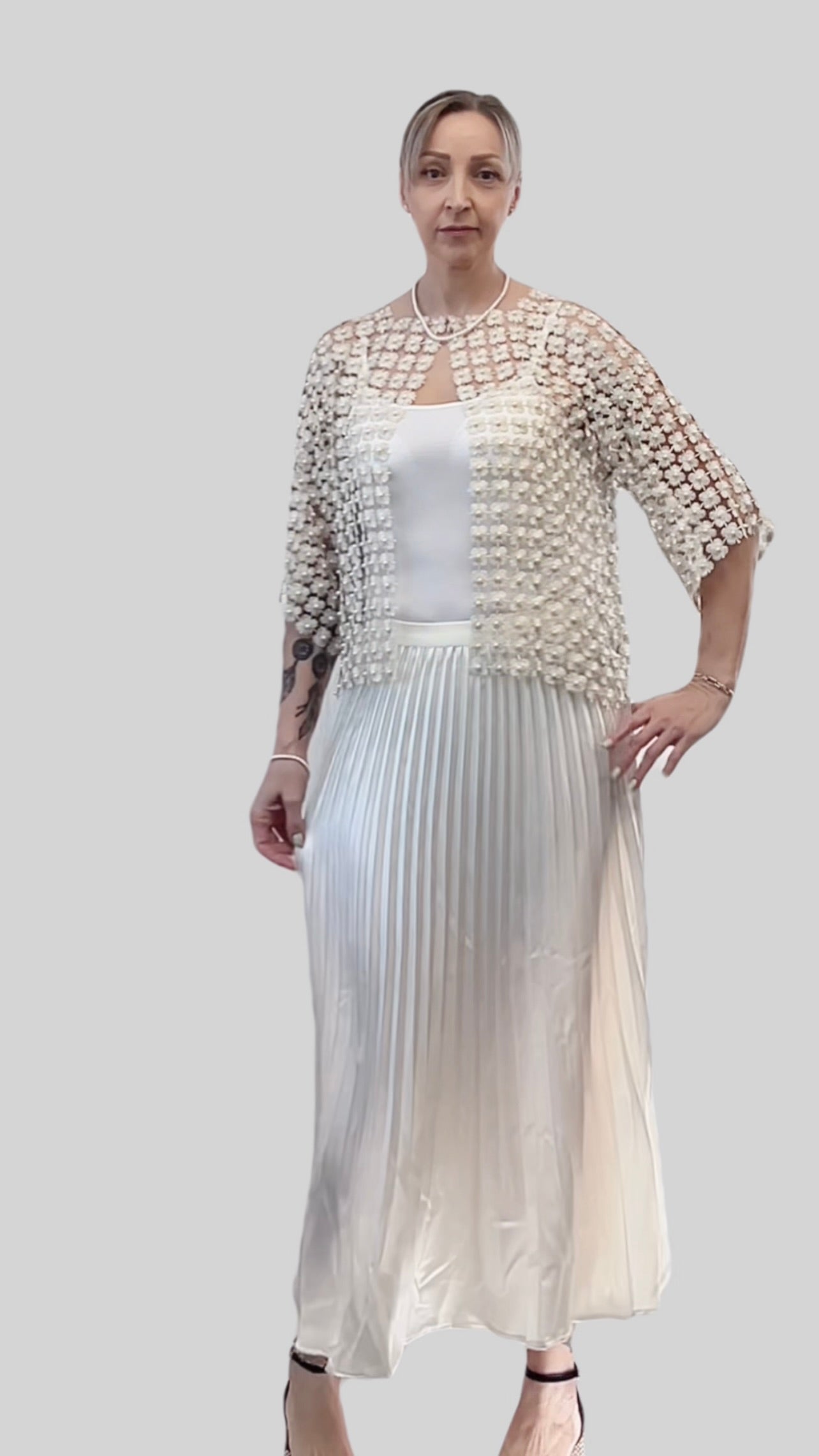 Short Lace coverup with all over Pearls attached  (ivory)