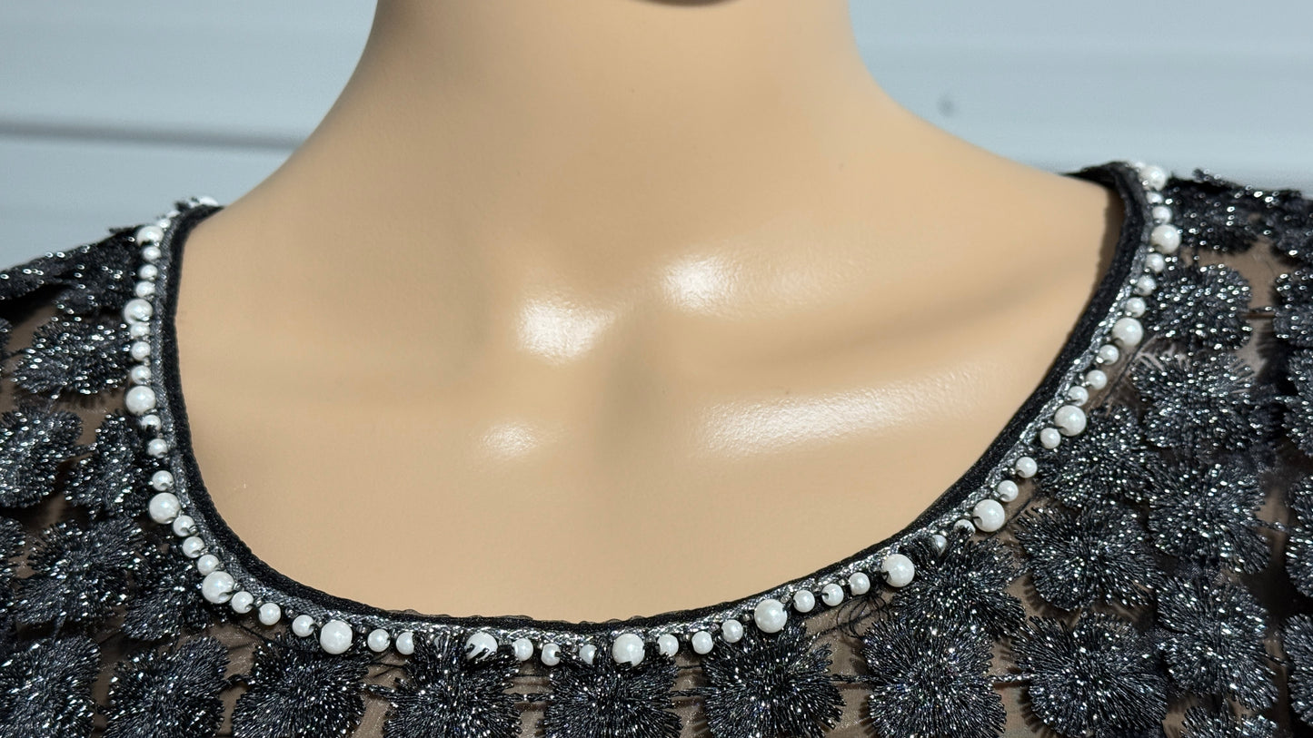 Lace Organza short sleeve Shift Dress with matching cami dress  (Black)