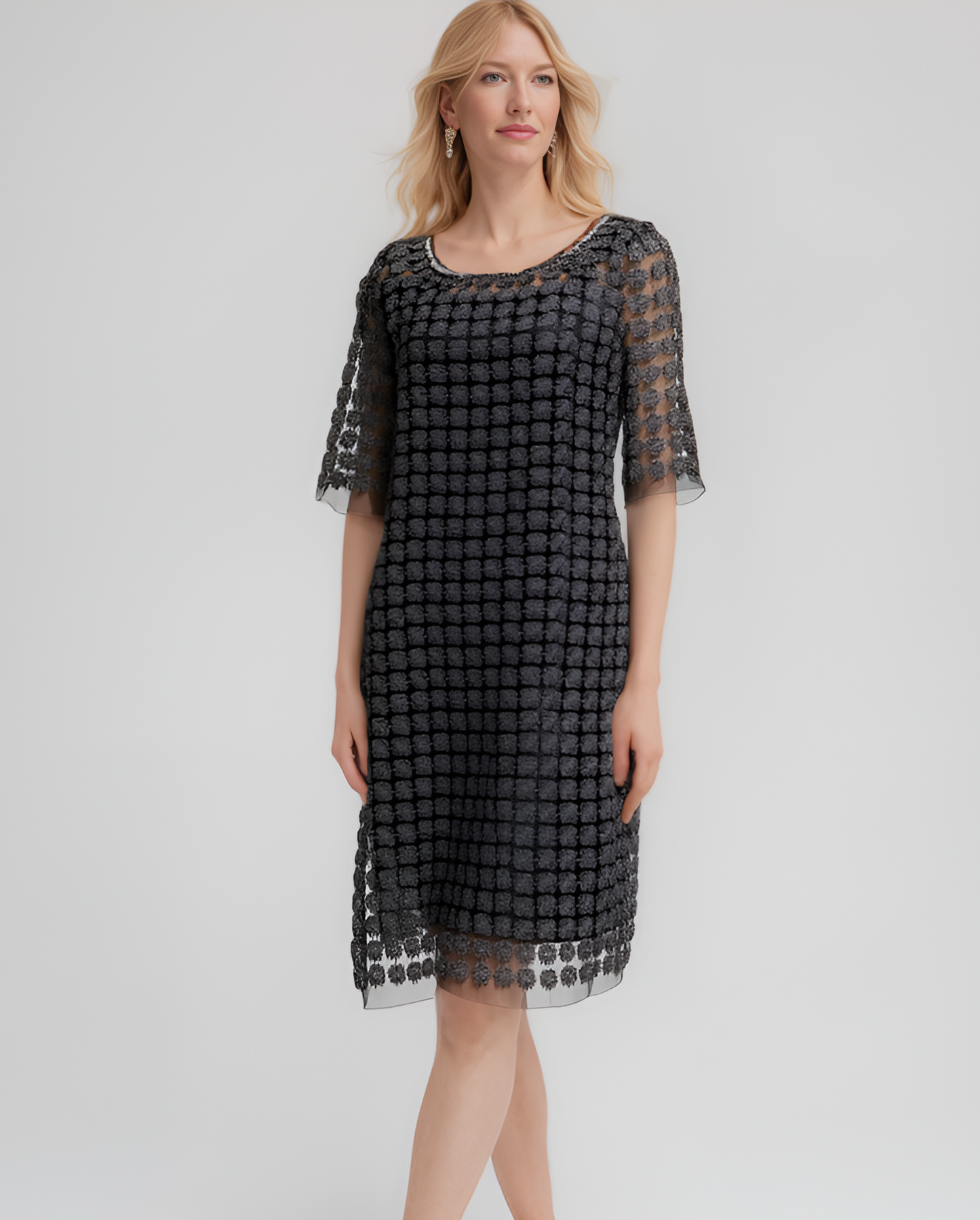 Lace Organza short sleeve Shift Dress with matching cami dress  (Black)