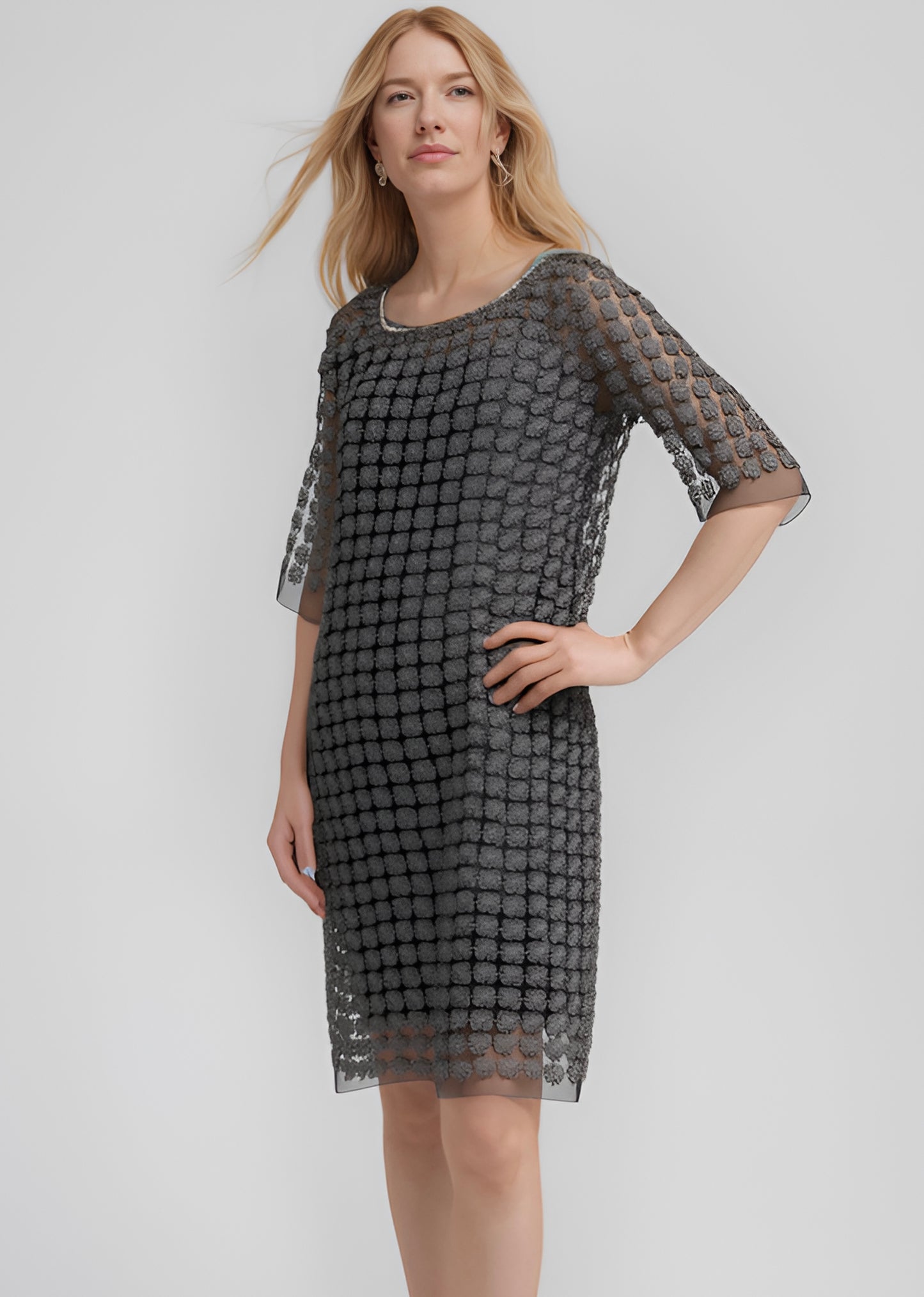 Lace Organza short sleeve Shift Dress with matching cami dress  (Black)