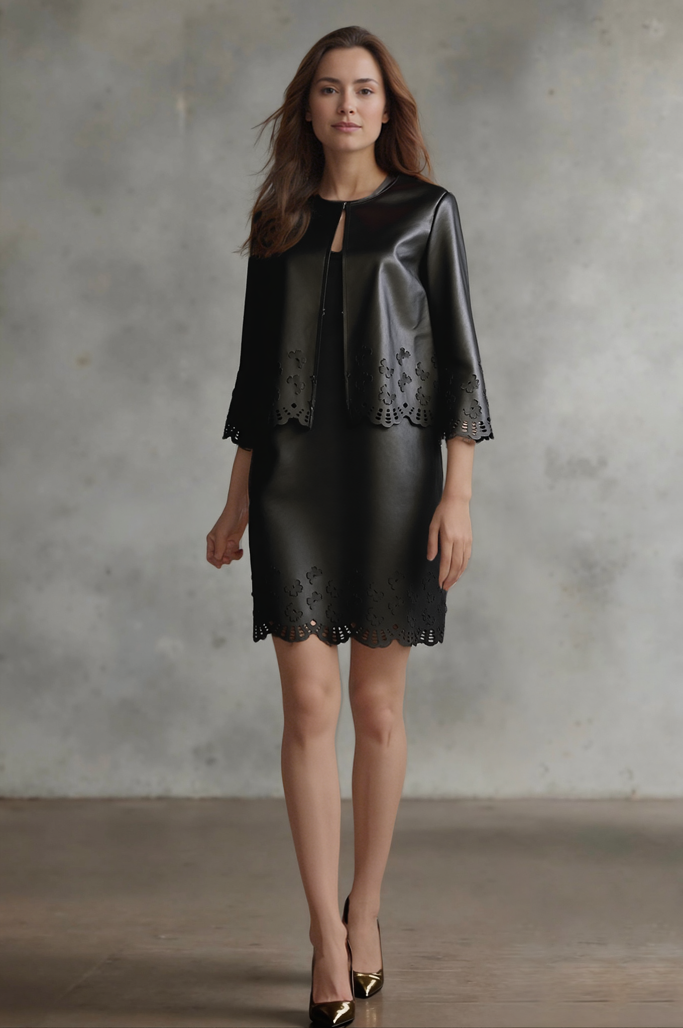 Faux Leather Laser cut butterfly shift dress (Black) XXL / Black Faux Leather Laser cut butterfly shift dress (Black) XXL / Black