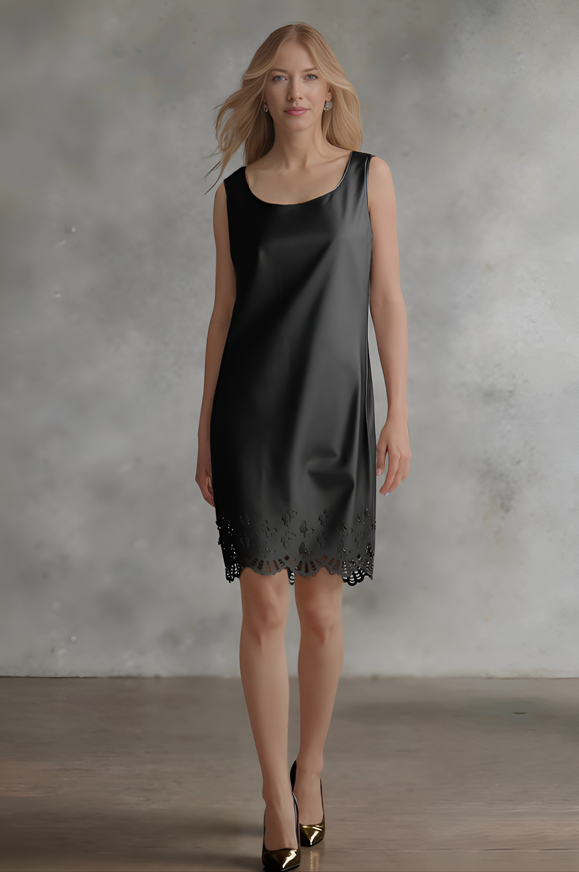 Faux Leather Laser cut butterfly shift dress (Black) XXL / Black Faux Leather Laser cut butterfly shift dress (Black) XXL / Black