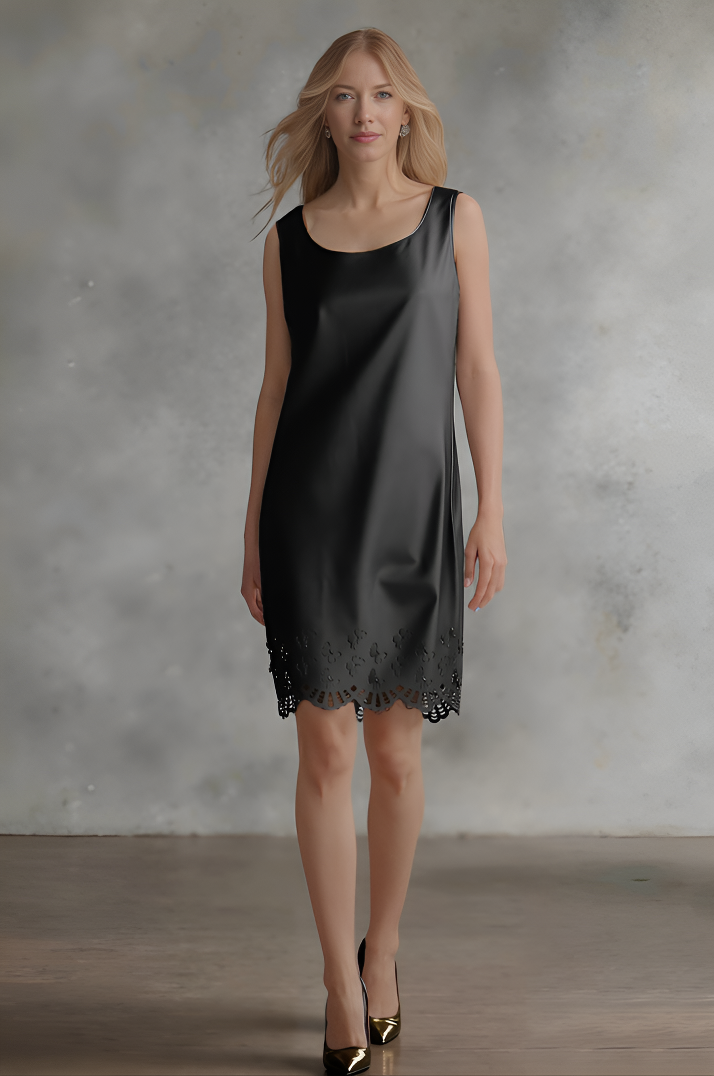 Faux Leather Laser cut butterfly shift dress (Black)