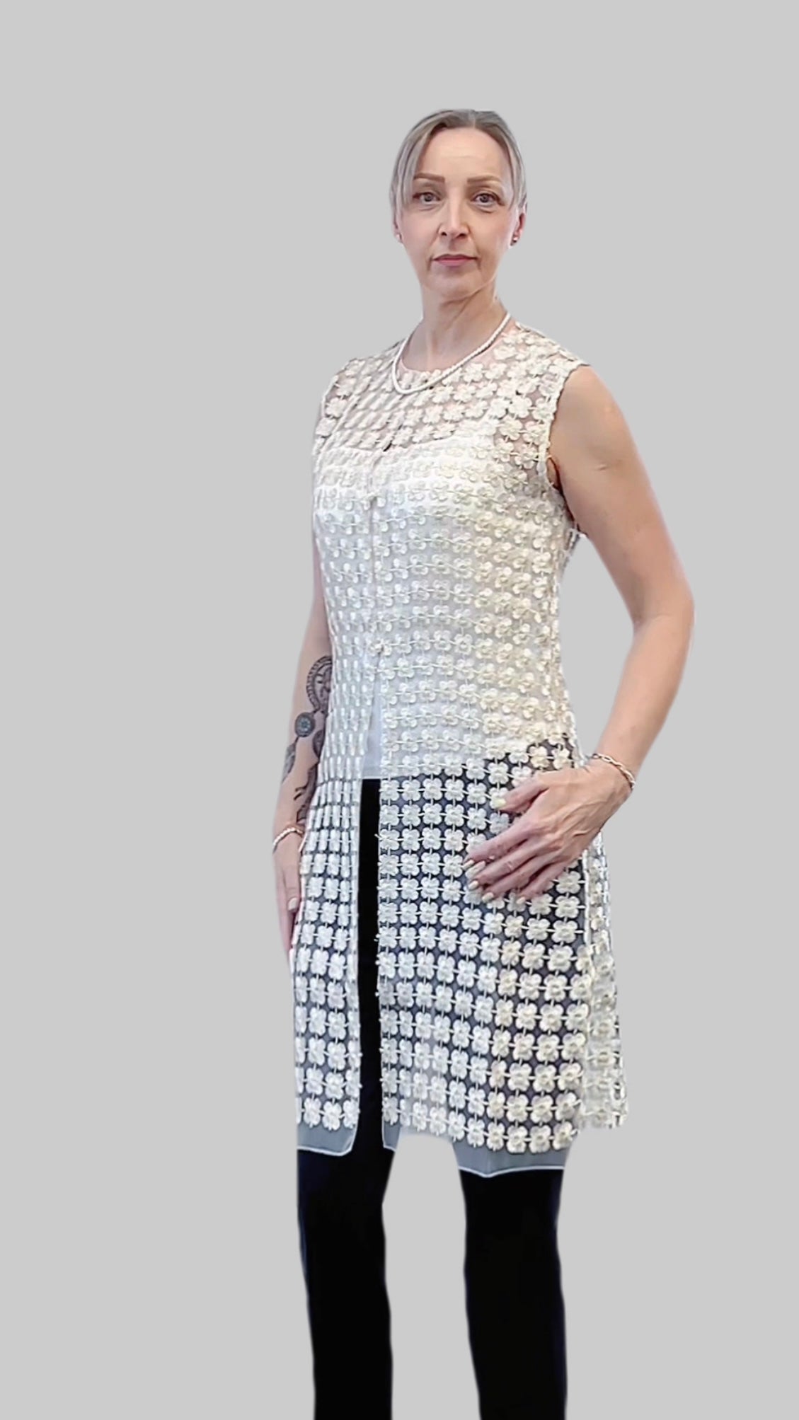 Lace Organza sleeveless Vest  (Ivory)
