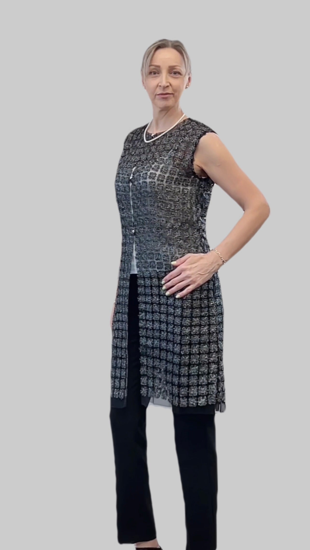 Lace Organza sleeveless Vest  (Black)
