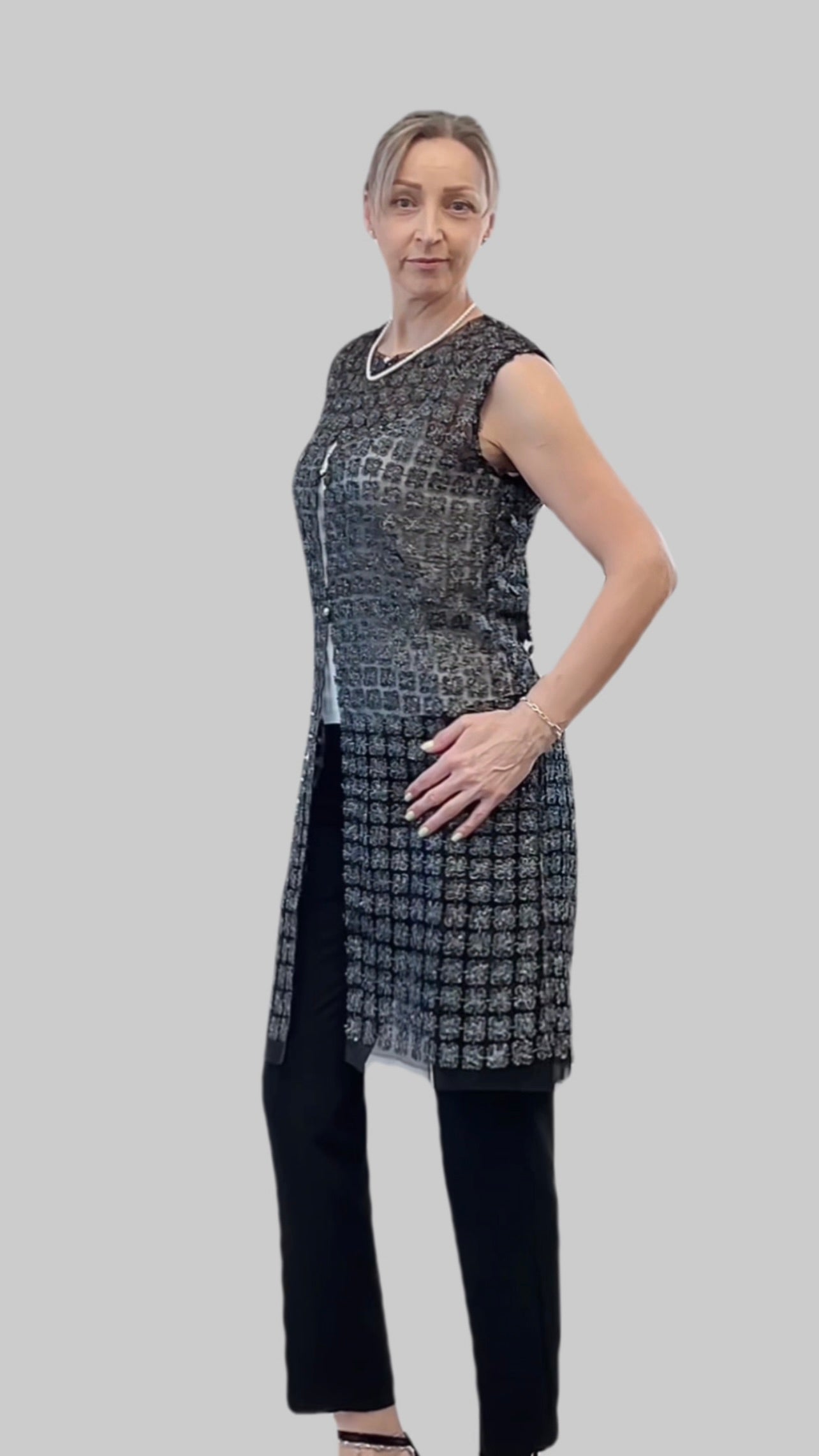 Lace Organza sleeveless Vest  (Black)