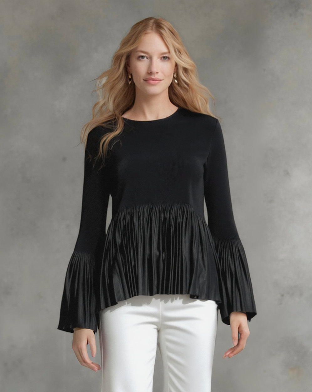 Pleating Long Sleeves Top- A Line Peplum (Black)