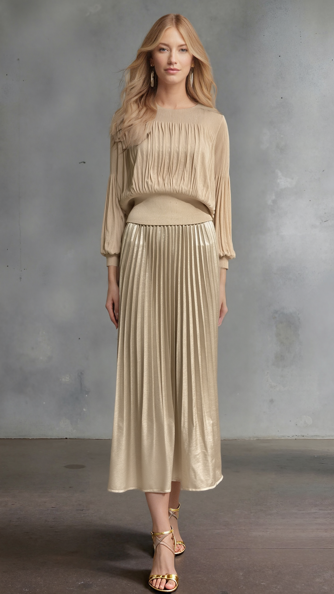 Pleating Long Sleeves Top- Chiffon Flow (Almond)