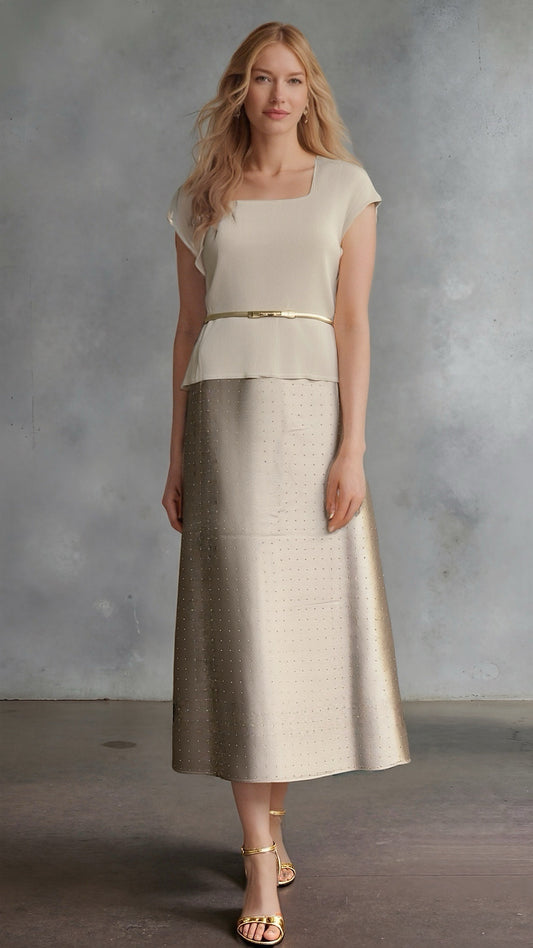 Diamond Sateen Maxi Skirt with Elastic Waistband ( Champagne)