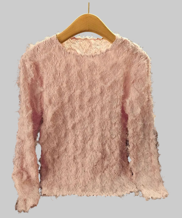 Pleating Long Sleeves Top- Cozy Fluffy (Pink)