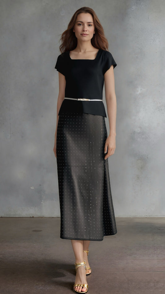 Diamond Sateen Maxi Skirt with Elastic Waistband ( Black)