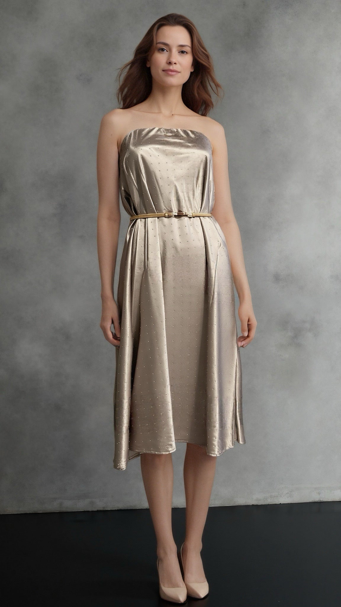 Diamond Sateen Maxi Skirt with Elastic Waistband ( Champagne)