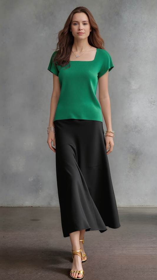 Pleating Short Sleeves Top- Soft Square - Green