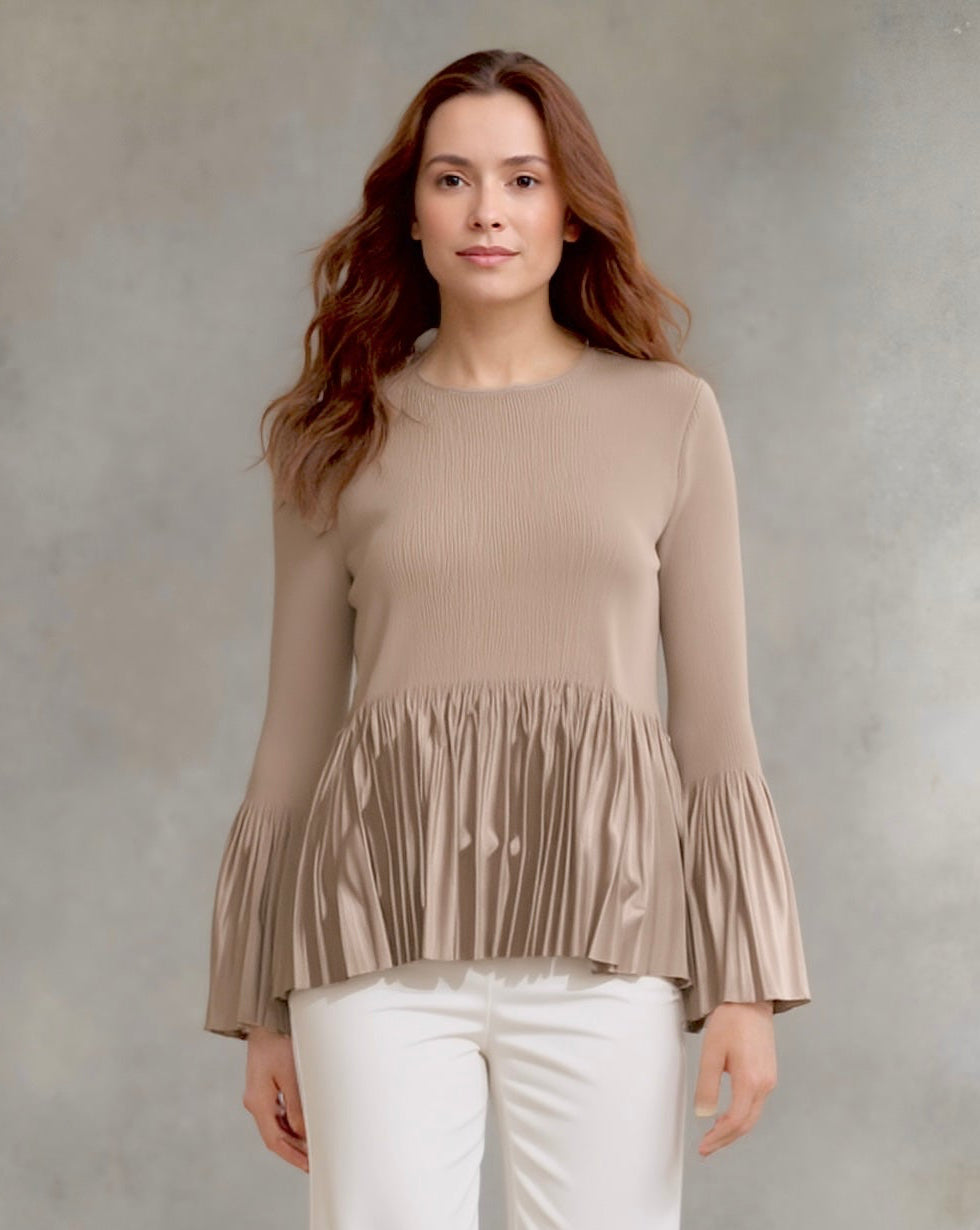 Pleating Long Sleeves Top- A Line Peplum (Almond)