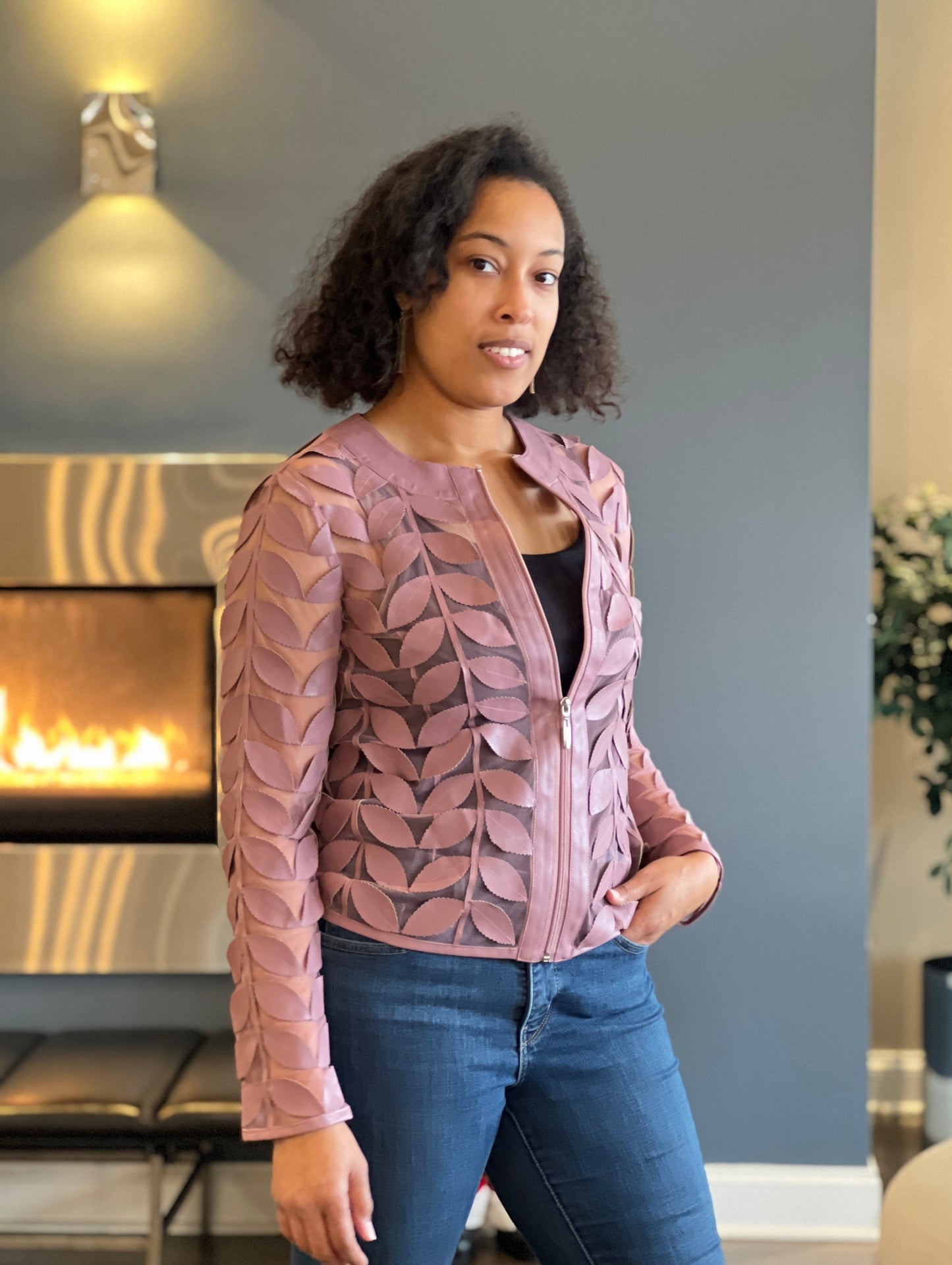 Faux Leather leaves jacket (Dusty Pink)