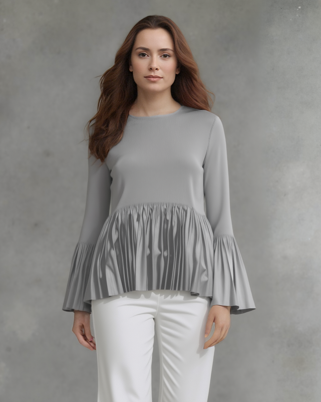 Pleating Long Sleeves Top- A Line Peplum ( Grey)