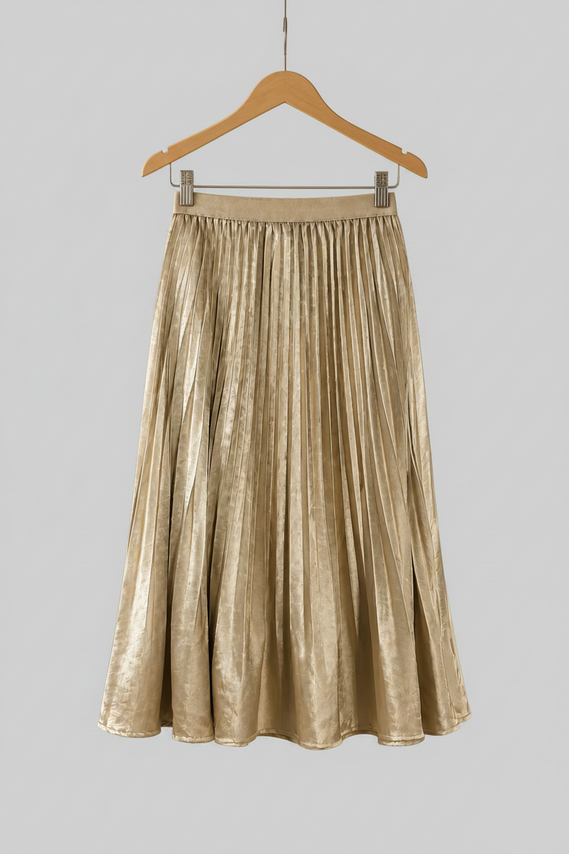 Pleating Crushed Sateen Skirt (Champagne)
