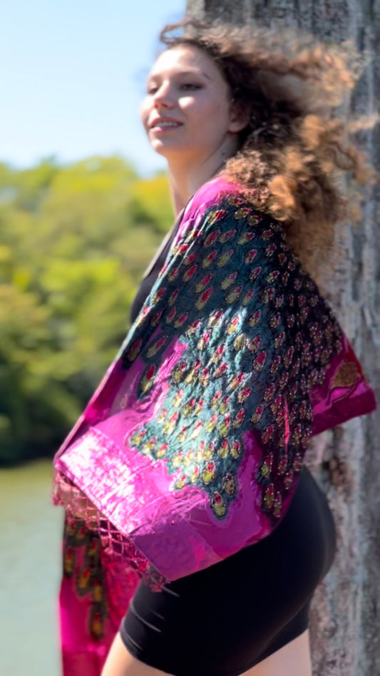 Peacock Velvet Burnout hand beaded shawl (Fusia)