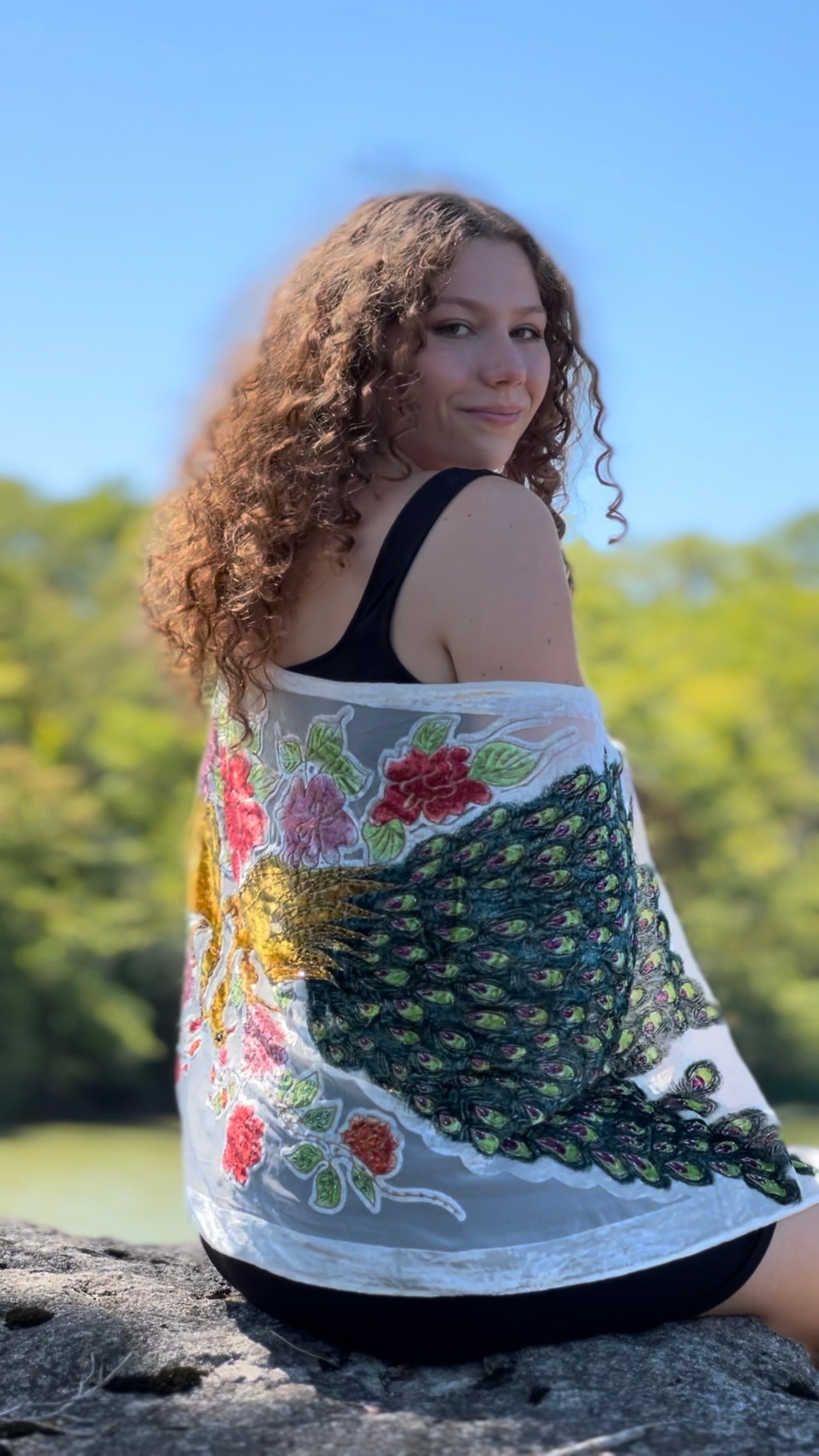 Peacock Velvet Burnout hand beaded shawl (Cream)