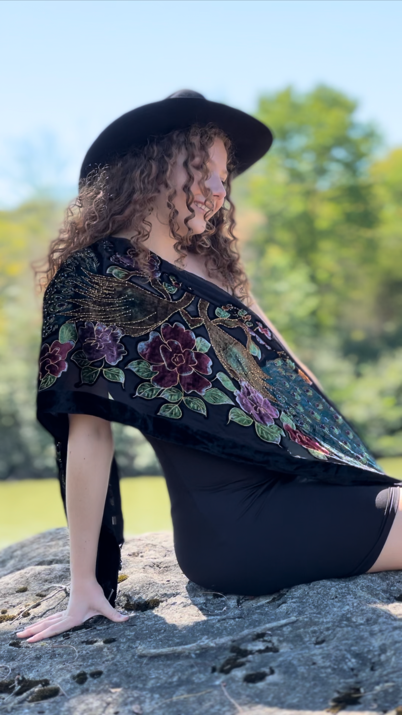 Peacock Velvet Burnout hand beaded shawl (Black)