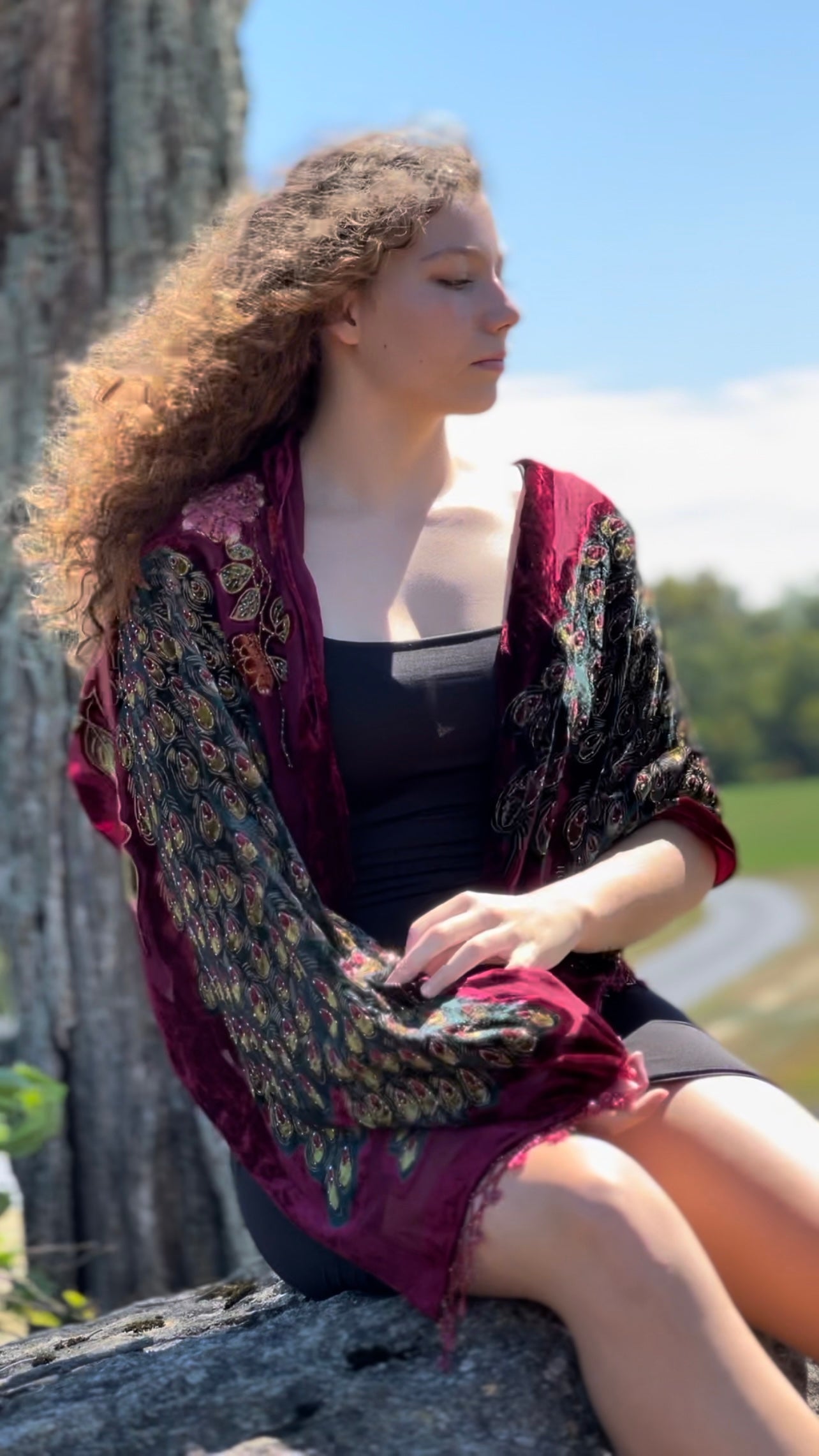 Peacock Velvet Burnout hand beaded shawl (Burgundy)