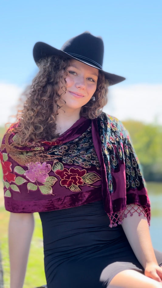 Peacock Velvet Burnout hand beaded shawl (Burgundy)