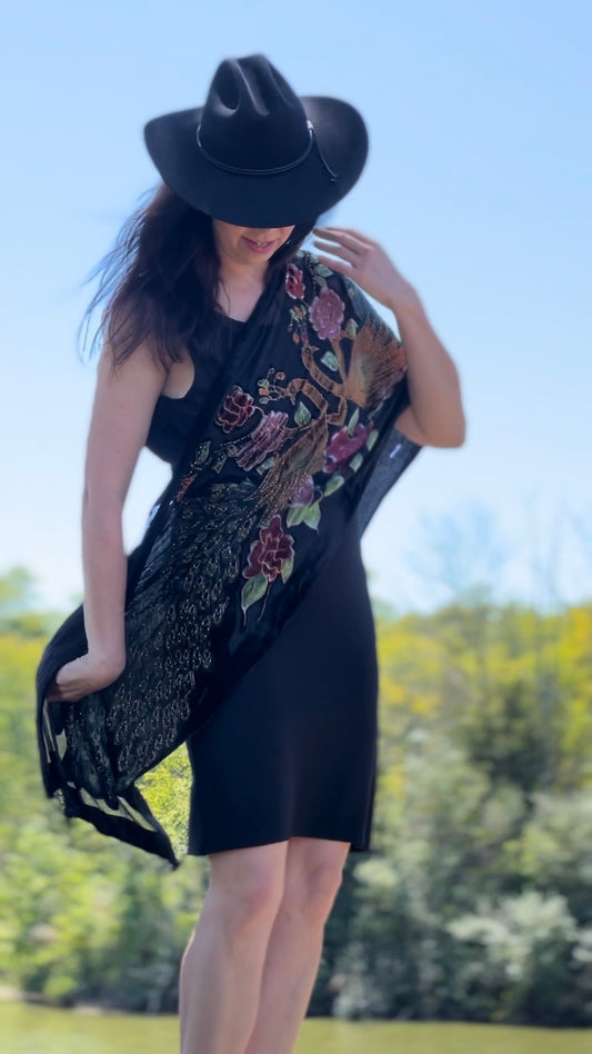 Peacock Velvet Burnout shawl (Black)